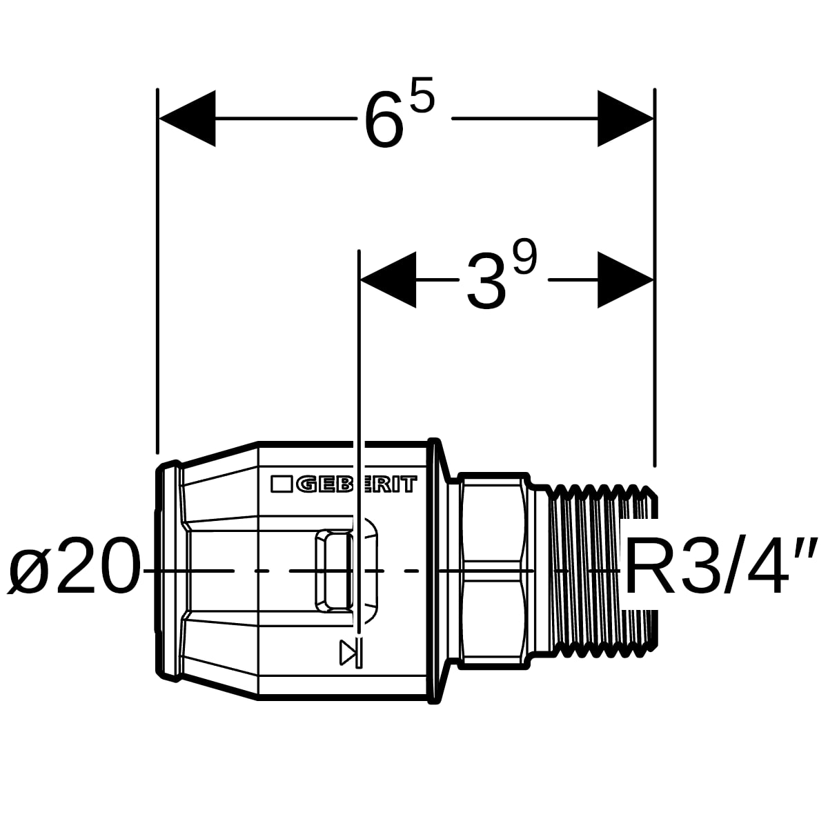 Geberit PushFit Übergang mit AG Rotguss d20-R3/4 651.532.00.1