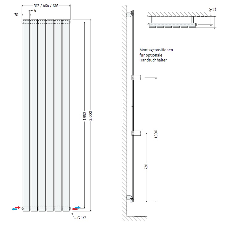 HSK Badheizkörper Alto H: 2000 L: 312 mm, weiß 8643200-04
