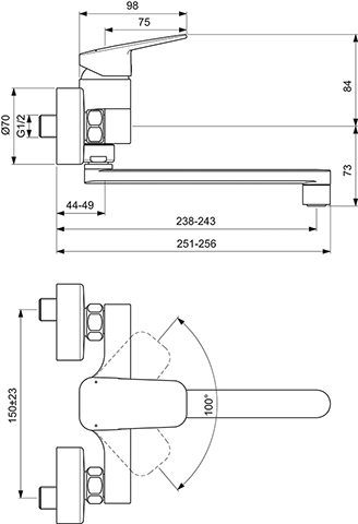 Ideal Standard Wand-Küchenarmatur Ceraplan Ausladung 238mm chrom BD340AA