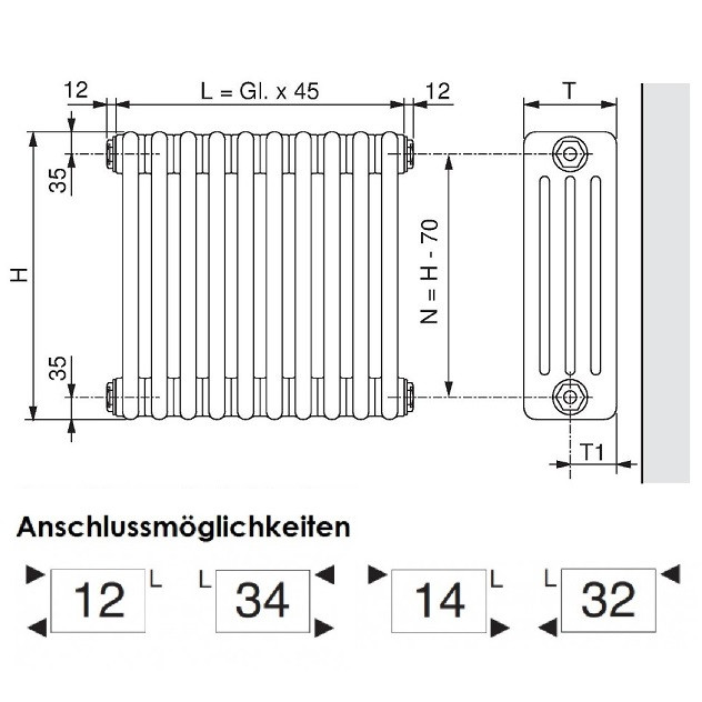 Arbonia Röhrenradiator Standard mit Mittenanschluss 6-Säuler H: 300 L: 45cm, Modell 6300, weiß, 10 Glieder