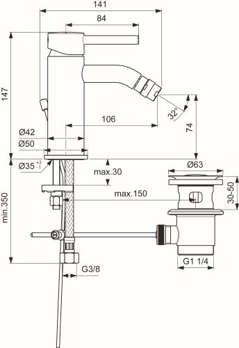 Ideal Standard Bidetarmatur Ceraline, mit Ablaufgarnitur Ausladung 106mm, chrom BC197AA