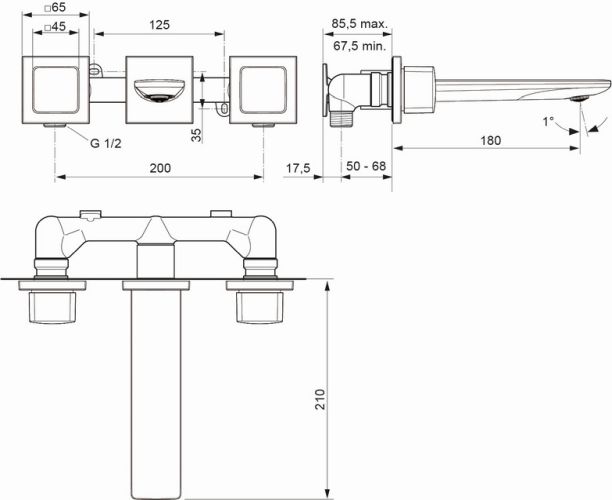 Ideal Standard Wand-Waschtischarmatur Conca, Bausatz 1+2 eckige Rosetten, Ausladung 180mm, chrom A7445AA