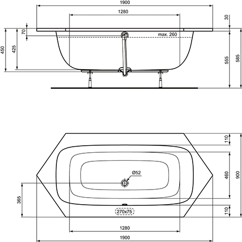 Ideal Standard i.life Sechseck-Badewanne 190x90cm T476701 weiß