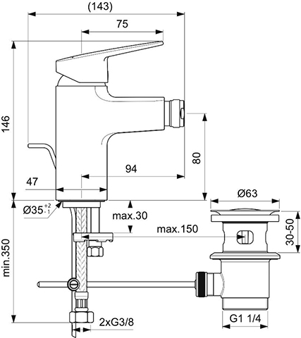 Ideal Standard Bidetarmatur Ceraplan mit Ablaufgarnitur Ausladung 94mm chrom BD278AA