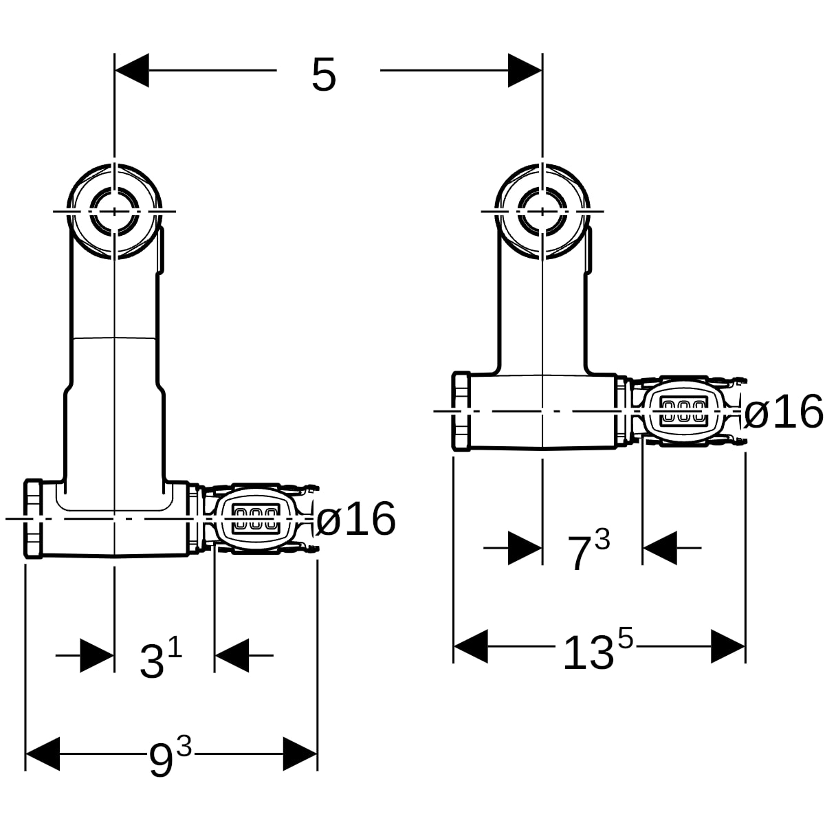 Geberit FlowFit Set Anschluss-Endstück rechts für Vorlauf/Rücklauf SiBr d16-15 619.460.22.1