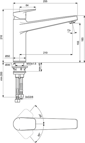 Ideal Standard Küchenarmatur Ceraplan mit hohem Auslauf Niederuck Ausladung 210mm chrom BD326AA