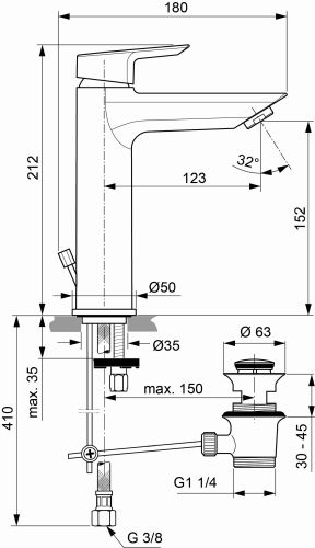 Ideal Standard Tesi Waschtischarmatur Grande mit Ablaufgarnitur chrom, Ausladung 123mm, 5 l/min. A6563AA