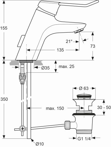 Ideal Standard Ceramix Blue Waschtischarmatur Niederdruck Ablaufgarnitur chrom, mit CU-Rohren Niederdruck Bügelgriff A5824AA