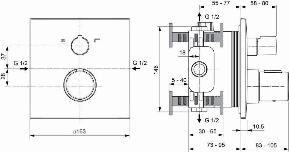 Ideal Standard Badethermostat UP Ceratherm C100 BS2, Rosette 163x163mm, chrom A7522AA