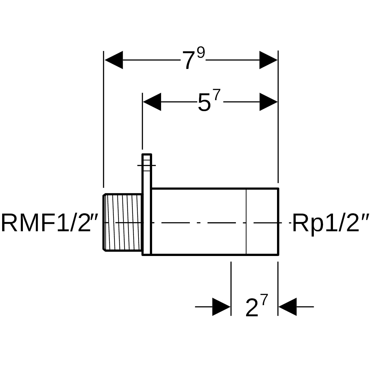 Geberit Anschluss gerade mit AG MF Rotguss R1/2-Rp1/2 L:57mm 602.283.00.1