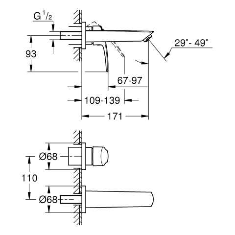 Grohe 2-Loch-Waschtisch-Wandbatterie Eurosmart chrom Fertigmontage-Set für 23571 Ausladung 171mm 29337003