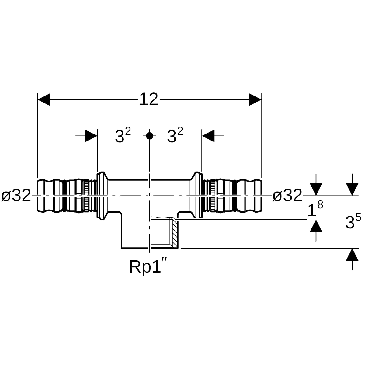 Geberit Mepla T-Stück mit IG Rotguss d32-Rp1-32 604.363.00.5