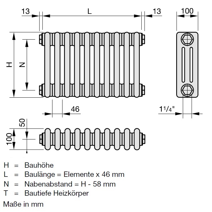 Zehnder Röhrenradiator Charleston Austausch 3-Säuler H: 106,6 L: 101,2cm, Modell 3107-22, weiß ZC334022B101000