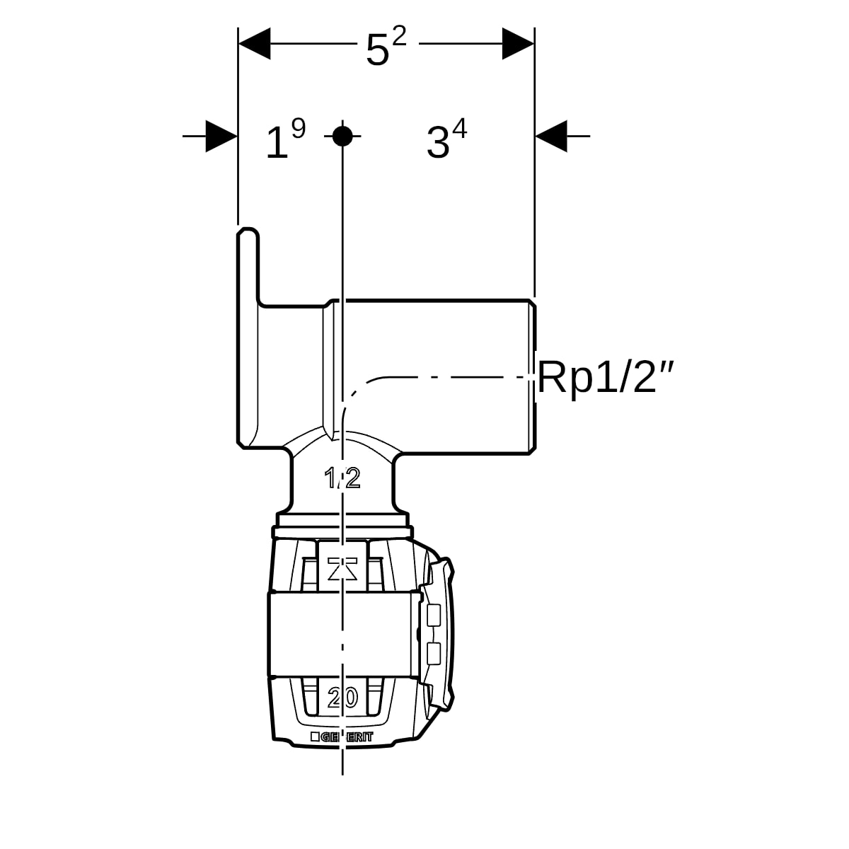 Geberit FlowFit Eckanschlusswinkel 90 Grad Rg+ d20-Rp1/2 L:52mm 620.921.00.1