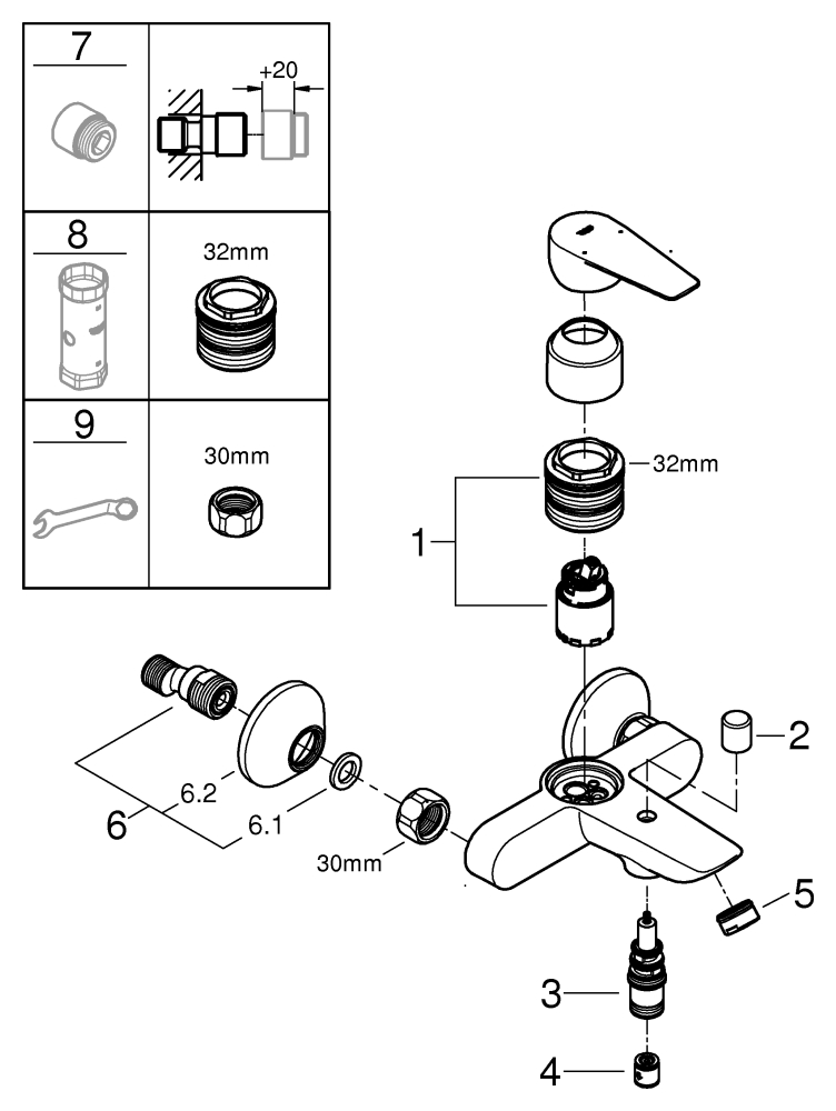 Grohe BauEdge Einhand-Wannenbatterie chrom Wandmontage eigensicher 23604001