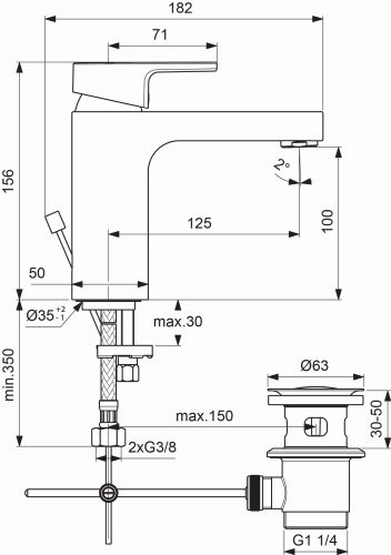 Ideal Standard Edge Waschtischarmatur Slim mit Ablaufgarnitur chrom, Ausladung 125mm, 5 l/min. A7104AA