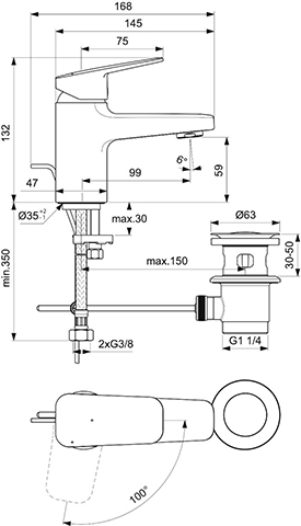 Ideal Standard Waschtischarmatur Ceraplan H60 mit Ablaufgarnitur Ausladung 99mm BlueStart chrom BD205AA