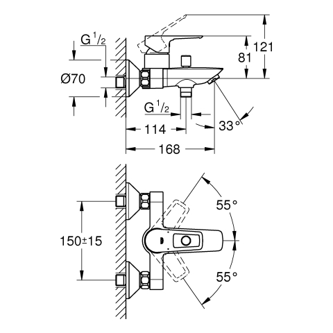 Grohe BauLoop Einhand-Wannenbatterie chrom Wandmontage eigensicher 23602001