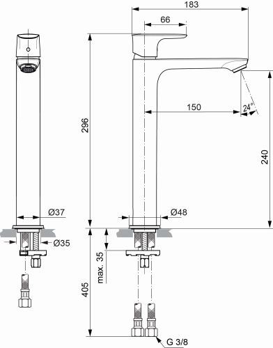 Ideal Standard Connect Air Waschtischarmatur mit verlängertem Sockel ohne Ablaufgarnitur chrom, Ausladung 150mm, 5 l/min A7027AA