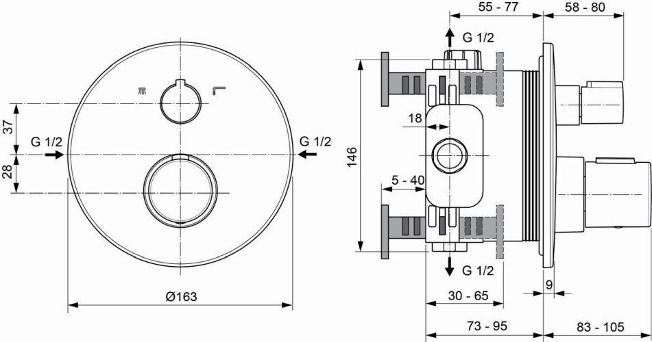 Ideal Standard Badethermostat UP Ceratherm T100 Bausatz 2, Rosette d:163mm, chrom A5814AA