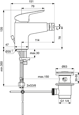 Ideal Standard Bidetarmatur Ceraflex, Ausladung 114mm mit Ablaufgarnitur aus Kunststoff, chrom B1718AA