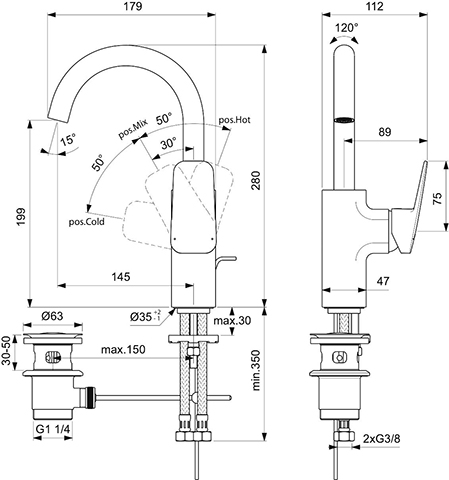 Ideal Standard Waschtischarmatur Ceraplan H200 mit Ablaufgarnitur Ausladung 145mm chrom BD235AA