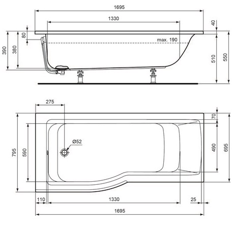 Ideal Standard Connect Air Duschbadewanne 170x80x46,5cm E113401 weiß