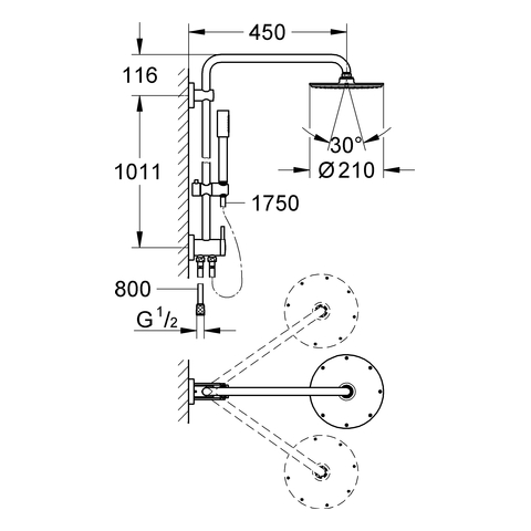 Grohe Rainshower Duschsystem mit Umstellung, 450mm Ausladung Duscharm 450mm 27058000