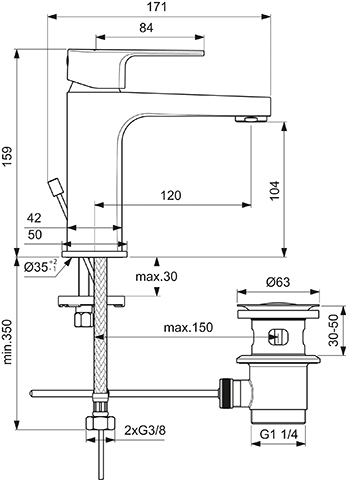 Ideal Standard Waschtischarmatur Cerafine D, H105 Ausladung 120mm mit Ablaufgarnitur, chrom BC686AA