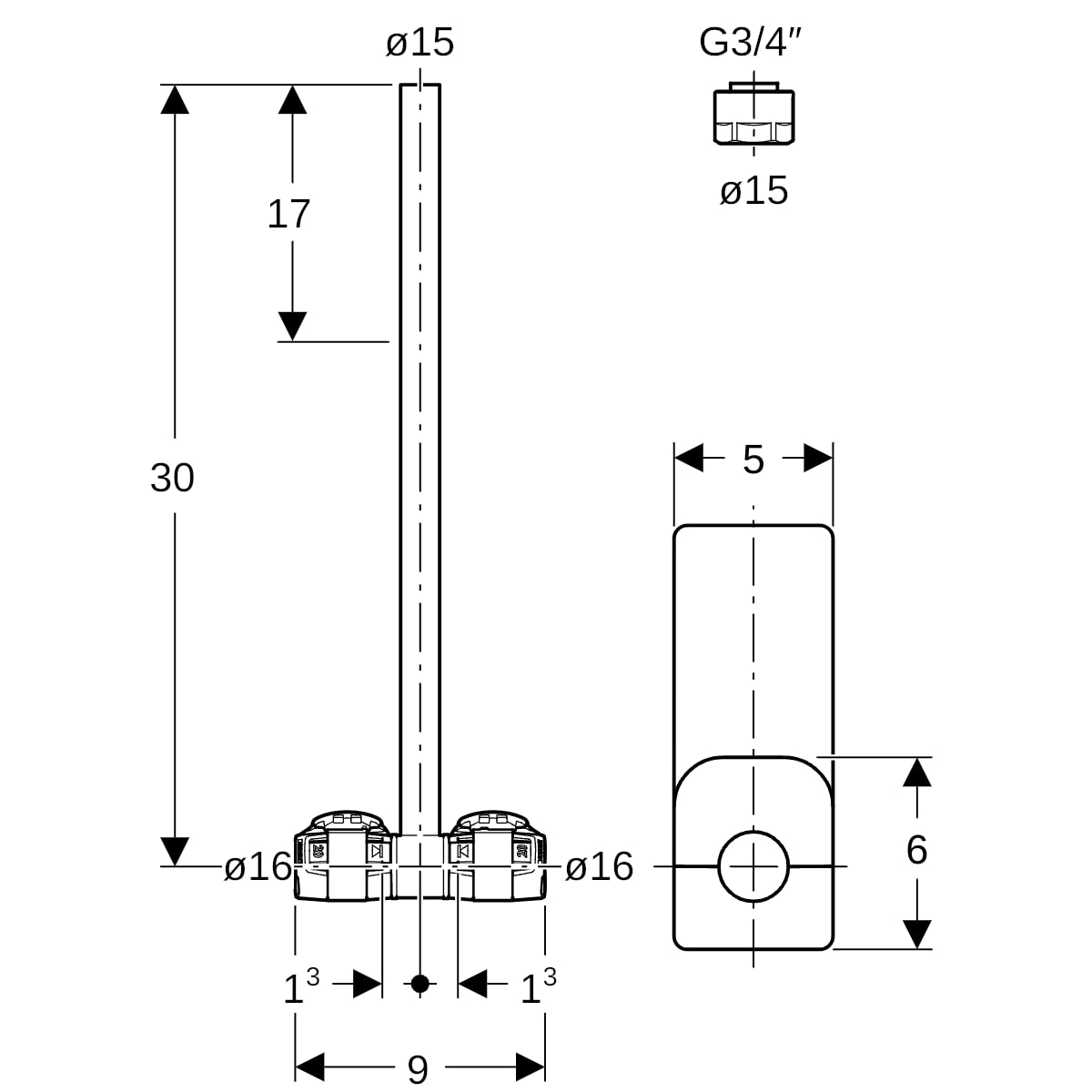 Geberit FlowFit Metallrohr-Anschluss-T-Stück mit Anschlussverschraubung SiBr/Cu d16-d15-d16 619.420.22.1
