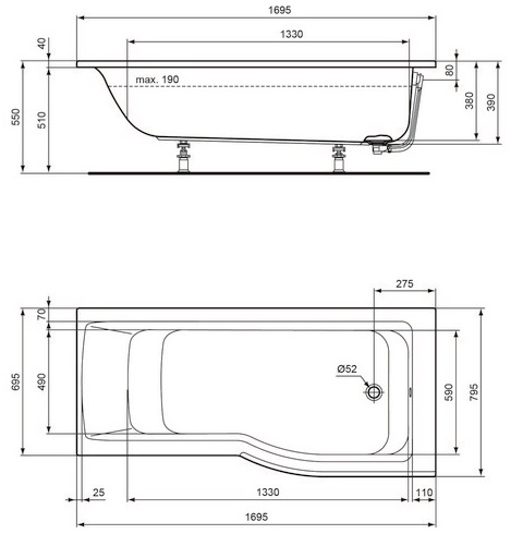 Ideal Standard Connect Air Duschbadewanne 170x80x46,5cm E113501 weiß