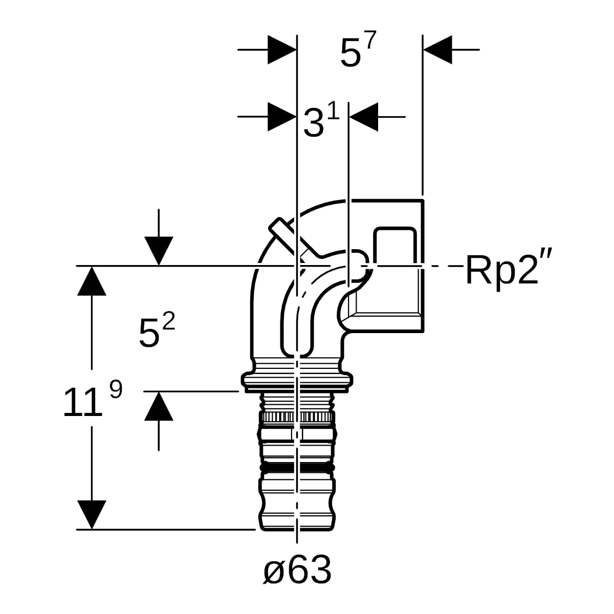 Geberit Mepla Übergangsbogen 90 Grad mit IG Rotguss d63-Rp2 607.256.00.5