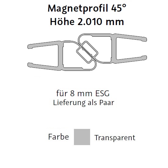 HSK Magnetprofil 45° für 8mm Glas Transparent, Höhe 2.010mm E100055-180-8