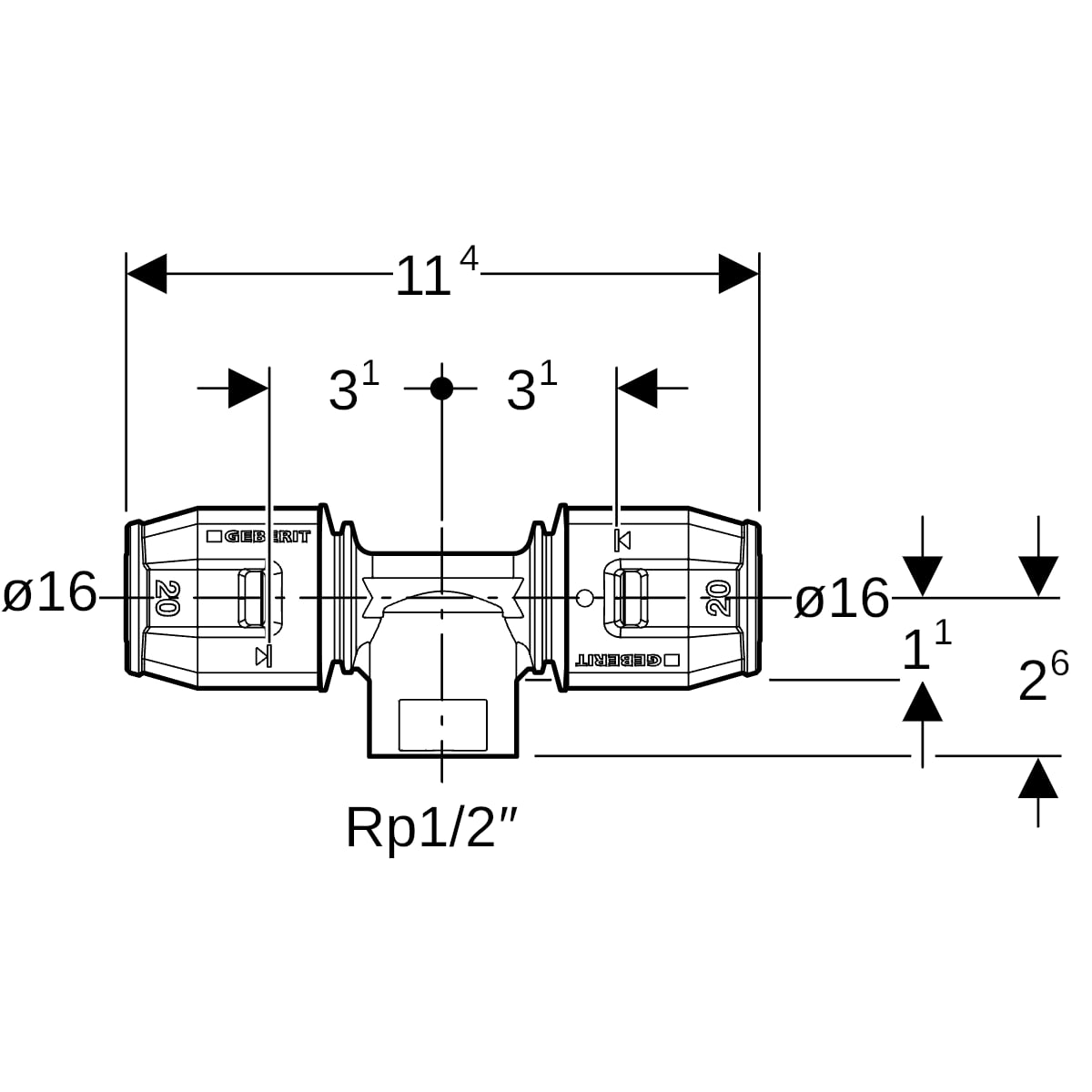 Geberit PushFit T-Stück mit IG Messing d16-Rp1/2-16 650.361.00.1