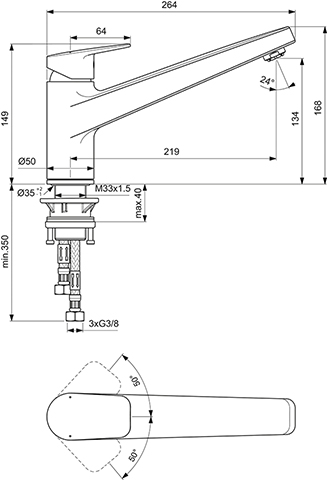 Ideal Standard Küchenarmatur Ceraplan Ausladung 219mm Niederdruck chrom BD322AA