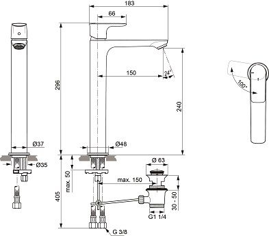 Ideal Standard Waschtisch-Armatur Connect Air, Slim, BlueStart mit verlängertem Sockel, mit Ablaufgarnitur, chrom A7026AA