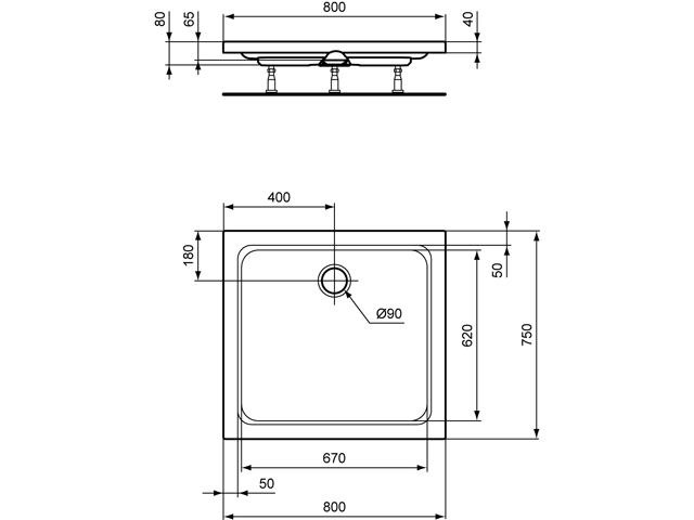 Ideal Standard Hotline Neu Rechteck-Duschwanne 80x75x8cm K277101 weiß