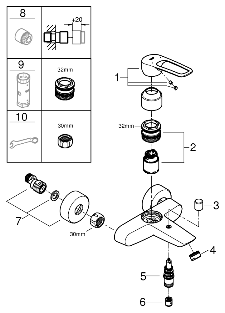 Grohe Eurosmart Einhand-Wannenbatterie chrom Wandmontage offener Hebel 25241003