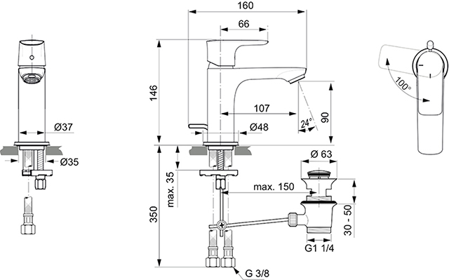 Ideal Standard Waschtischarmatur Connect Air, Slim mit Ablaufgarnitur, 5l/min, BlueStart, chrom A7008AA