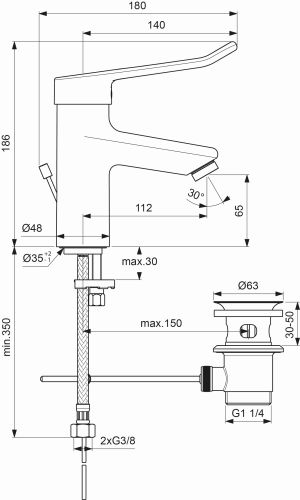 Ideal Standard Ceraplus 2 Waschtischarmatur mit Bügelgriff mit Ablaufgarnitur chrom, Ausladung 112mm BC095AA