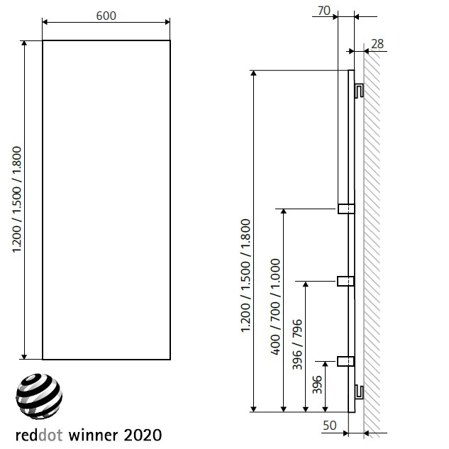 HSK Designheizkörper Infrarot Retango H: 180 B: 60cm weiß, Glasfront 8396180-04