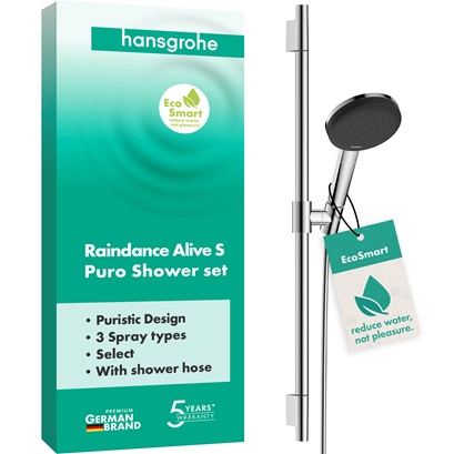 Hansgrohe Brauseset Raindance Alive Select S 125 3jet EcoSmart mit Brausestange Unica S Puro 650mm, Chrom 24602000