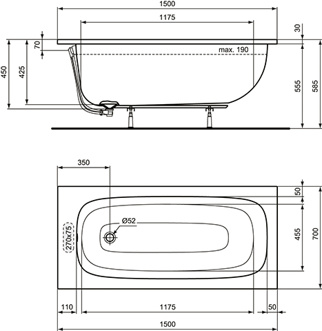 Ideal Standard i.life Körperform-Badewanne 150x70cm T475701 weiß