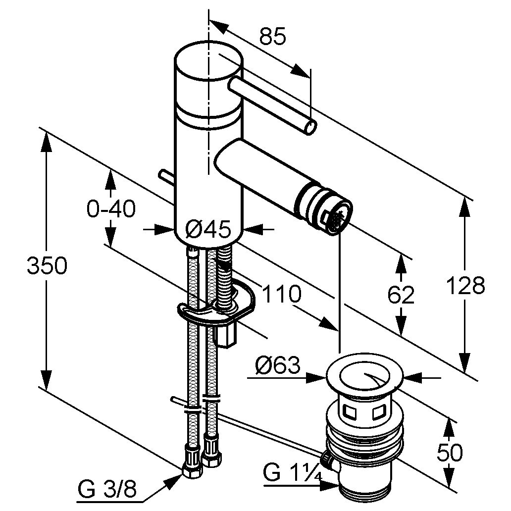 Kludi Bozz Bidet-Einhandmischer Ausladung 110mm DN10, chrom, mit Ablaufgarnitur 385330576