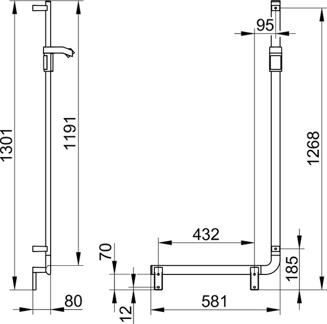 Keuco Winkelgriff 90 Grad AXESS links mit Brauseschieber, 581/1301mm schwarz matt 35006371302