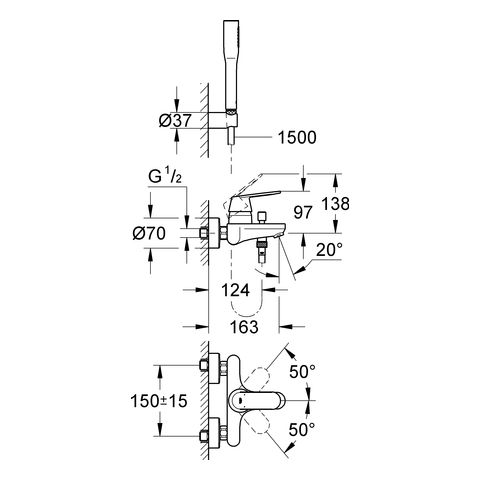 Grohe Eurosmart Cosmopolitan Einhand-Wannenbatterie chr Wandmontage Brausegarnitur 32832000