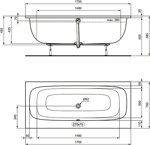 Ideal Standard i.life Duo-Badewanne 170x75cm T476301 weiß