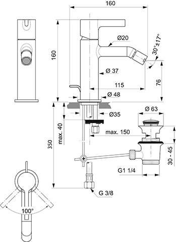 Ideal Standard Bidetarmatur JOY, mit Ablaufgarnitur Ausladung 110mm, chrom BC784AA