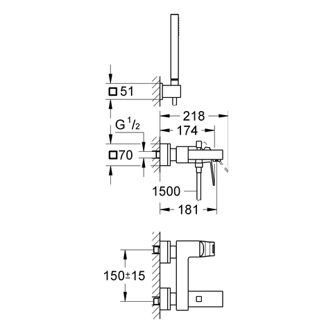 Grohe Eurocube Einhand-Wannenbatterie chrom Wandmontage Brausegarnitur Euphoria Cube 23141000
