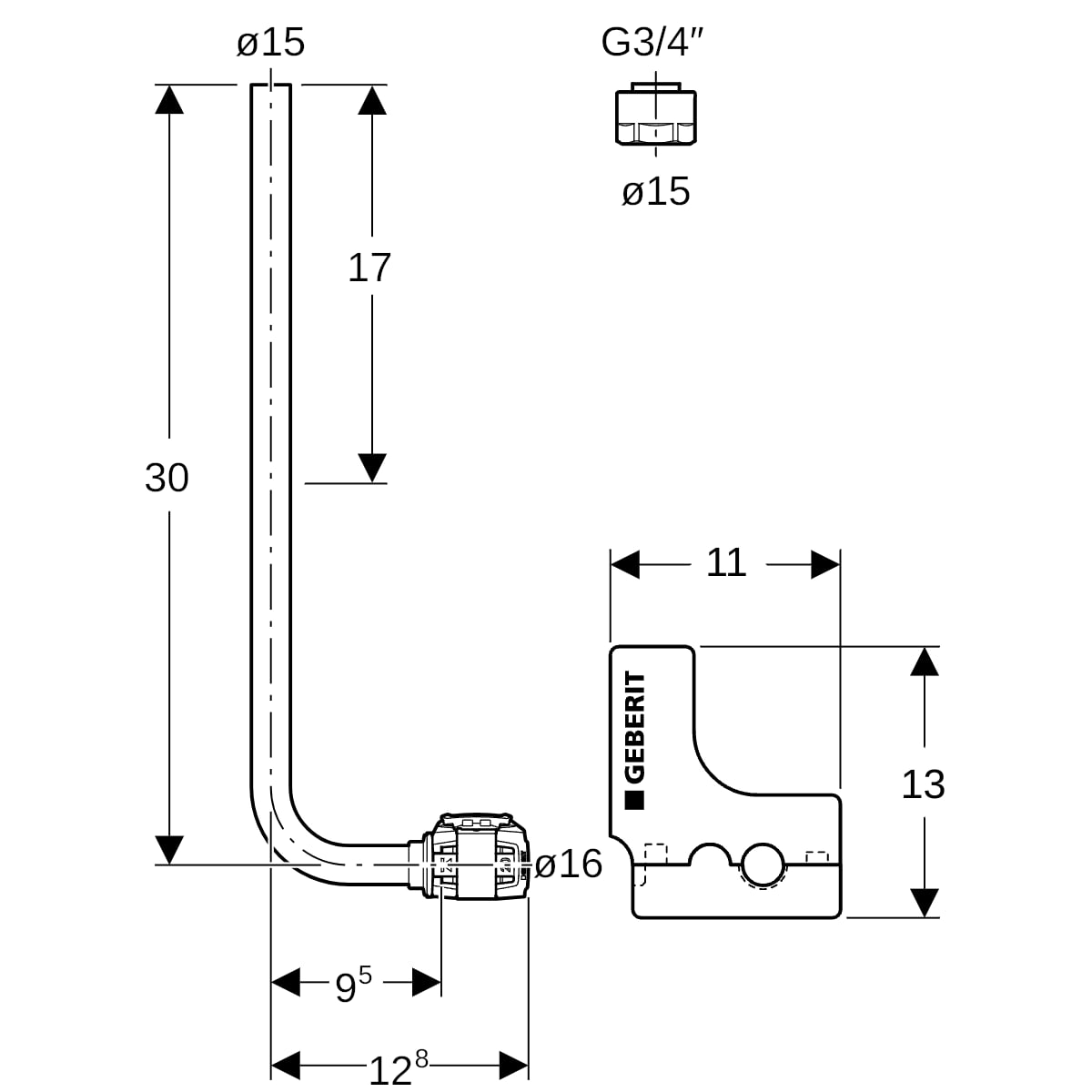 Geberit FlowFit Metallrohr-Anschlussbogen 90 Grad SiBr/Cu d16-d15 L30 619.400.22.1